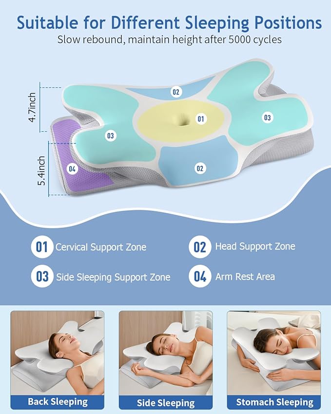 Cervical Neck Pillow for Pain Relief Sleeping, Cooling Ergonomic Contour Side Sleeper Pillow for Neck Support, Odorless Soft Memory Foam Orthopedic Bed Rest Pillow for Back Stomach Sleeper, Grey