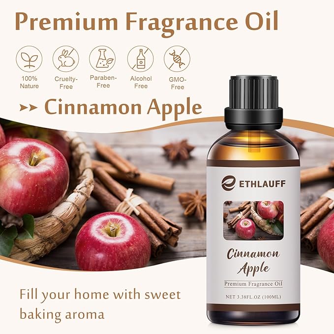 Cinnamon Apple Essential Oil, 100ml Fall Essential Oil for Diffusers for Home,Candle Scented Oils for Soap Making, Bath Bombs, Massage -3.38FL.OZ