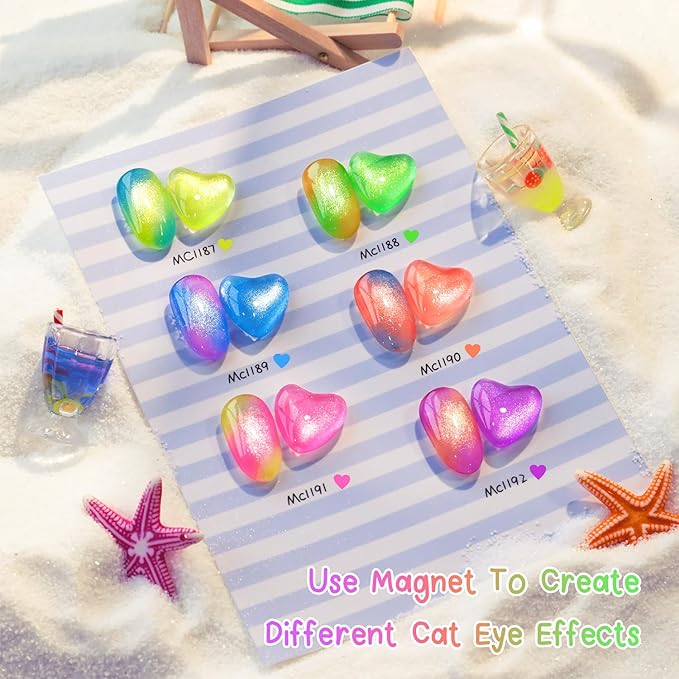 Double Rhythm Cat Eye Gel Nail Polish Set of 6 Same Color Same Bottle 0.5 Oz Shimmer Glitter with Magnet Holographic Reflective Magnetic UV Polish Kit at Home (Neon Orange Red Blue Green-T6-34)