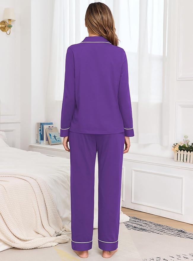 Veseacky 100% Cotton Pajamas for Women Set Long Sleeve Button Down Sleepwear Soft Pjs Lounge Sets with Pockets S-XXL