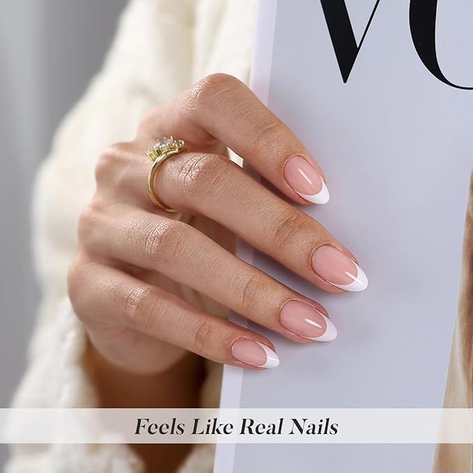 White French Tip Press on Nails Short - Soft Gel Almond Nails for Women Gift, Fit Perfectly & Natural Glue on Nails in 16 Sizes - 32 Reusable Fake Nails with Glue, French White