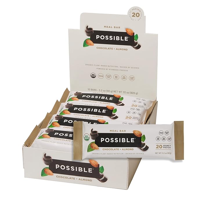 POSSIBLE Meal Bar - High Protein Energy Bars with 20g of Organic Plant-Based Protein - Vegan, Gluten-Free, Non-Dairy - USDA Organic - Clean Label - 1 Box, 10 Bars - Chocolate Almond