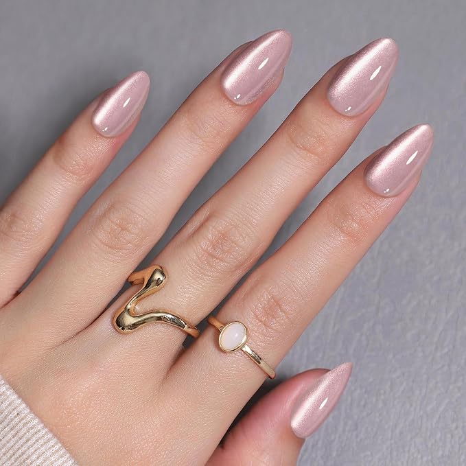 Pink Cat Eye Press on Nails Short - Soft Gel Press on Nails Almond for Women Gift, Fit Perfectly & Natural Glue on Nails in 16 Sizes - 32 Reusable Fake Nails with Glue, Beige Pink