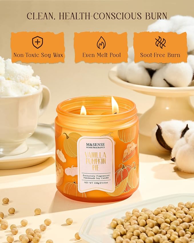 M&SENSE Fall Candles Vanilla Pumpkin Pie Scented, 11.6oz Natural Soy Wax Non Toxic, Double Wick 70 Hours Clean Burn, Warm Spiced Autumn Scent, Seasonal Gifts Home Decor