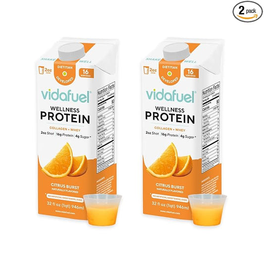 Vidafuel Protein Drink, 16g Protein per 2oz Shot, 32 fl oz Carton, 2 Pack, Citrus, Collagen and Whey Drink, No Artificial Sweeteners