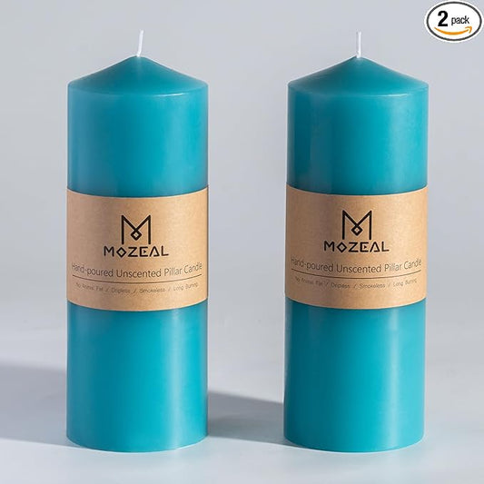 MOZEAL 3" x 8" Hand-Poured Unscented Candles,Large Turquoise Pillar Candles Set of 2,No Drip,Approx 120 Hours Long Burning,Wedding,Dinner,Christmas and Home Decor（3 Inch Diameter 8 Inch Height）