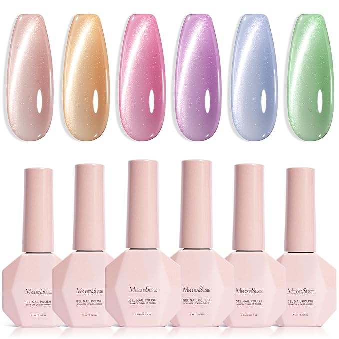 MelodySusie Macaron Pink Blue Cat Eye Set Cat Eye Gel Nail Polish Set 6 Pcs, 0.26 Fl Oz Glitter Holographic Magnetic Nail Polish with Magnet, UV Nail Polish for Nail Art Manicure Salon DIY at Home