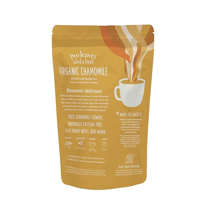 Two Leaves and a Bud Organic Chamomile - 50 Naked Tea Sachets, Naturally Caffeine Free, Whole Leaf Herbal Tea in Eco-Friendly Unwrapped Compostable Sachets, Resealable Bag, 50 Count (Pack of 1)