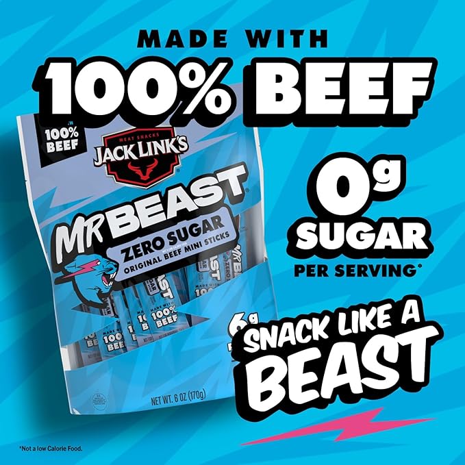 Jack Link’s x MrBeast Zero Sugar Mini Beef Sticks – 6g Protein per 2 Individually-Wrapped Meat Sticks, Made with 100% Real Beef, Perfect for School Lunches, Kids Snacks, 12 Count of .5oz Sticks