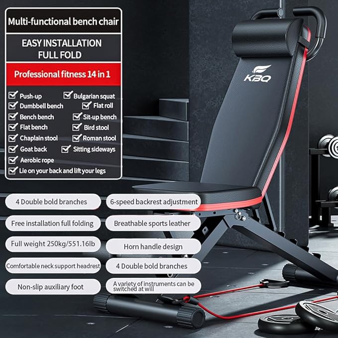 Adjustable Exercise Chair for Home Gym – Foldable Back Extension Bench for Core, Hip & Lower Back Workout – Multi-Functional Hyperextension Bench with Tension Rope for Full-Body Exercise