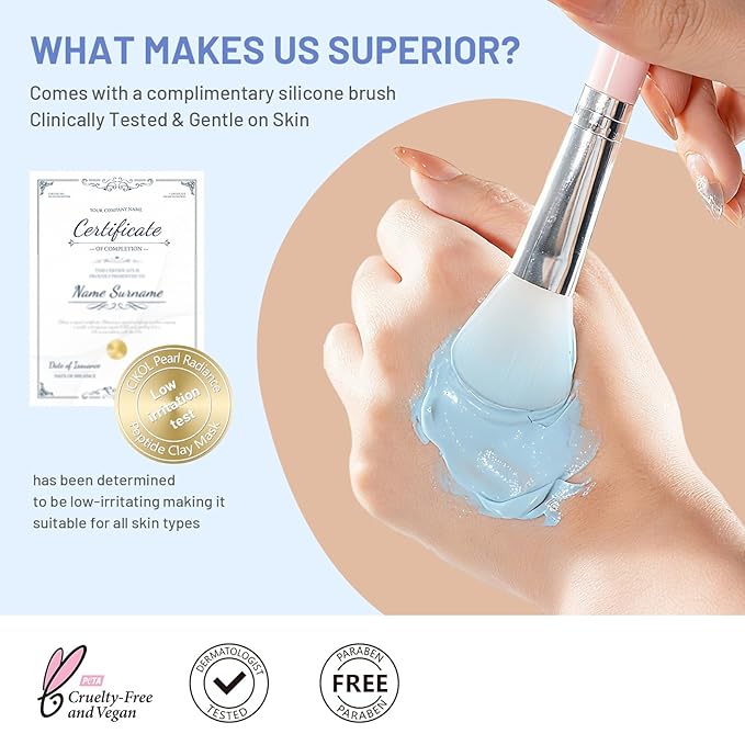 Large Pearl Radiance Clay Mask for Face - Mud Mask Enrich with 9x Peptides & Niacinamide for Glowing - Firming - Pore-Purifying - Glass Skin Care Gifts for Women Men with Brush, Blue, 5.3 oz