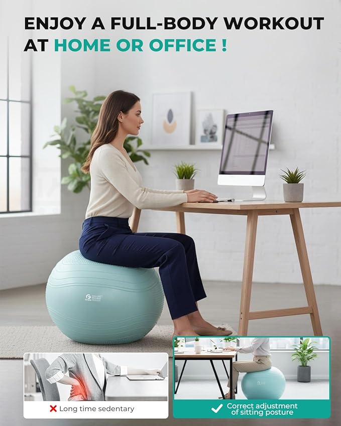 Gruper Yoga Ball, Extra Thick Exercise Ball for Workout Pregnancy Stability - 4 Sizes Anti Burst Balance Ball for Yoga, Pilates, Fitness, Birthing, Physical Therapy - Includes Pump