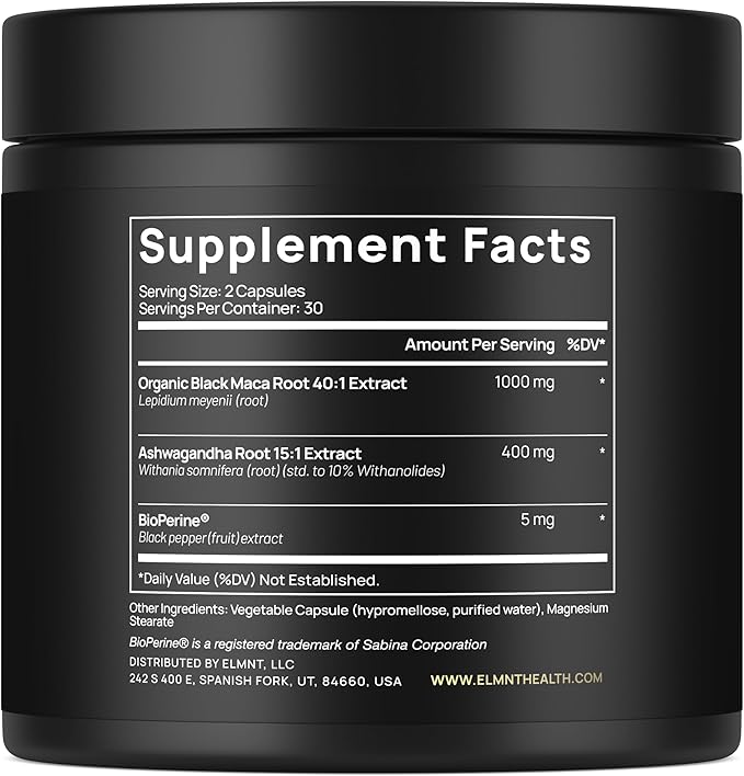 ELMNT 40,000mg 40x Strength Organic Black Maca Root w. Ashwagandha - #1 Highest Potency Black Maca Root Capsules for Men Supplement 40:1 Extract - 100% Pure Maca Peruana Maca Powder Pills Gelatinized