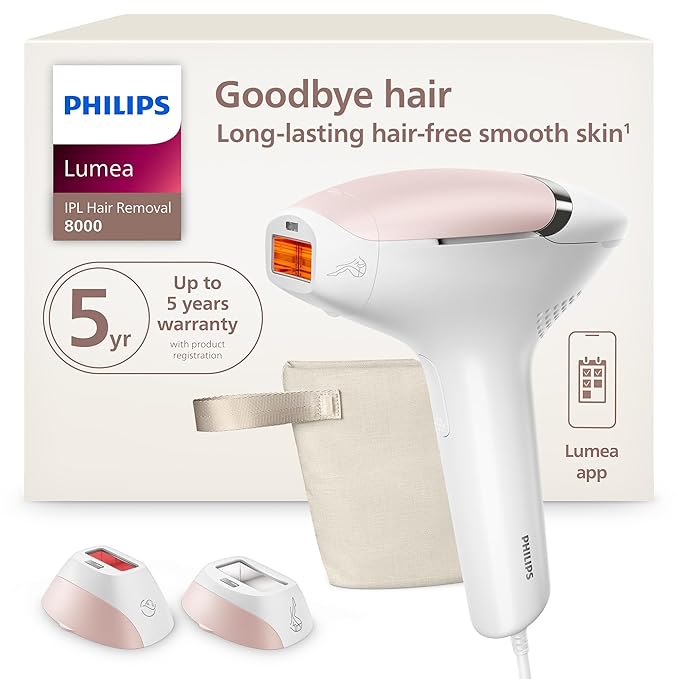 Philips Lumea 8000 Series IPL Hair Removal Device - Permanent Visible Hair Reduction Done at Home, SenseIQ Technology, 2 Attachments for Body & Face, for Women & Men, BRI932/03