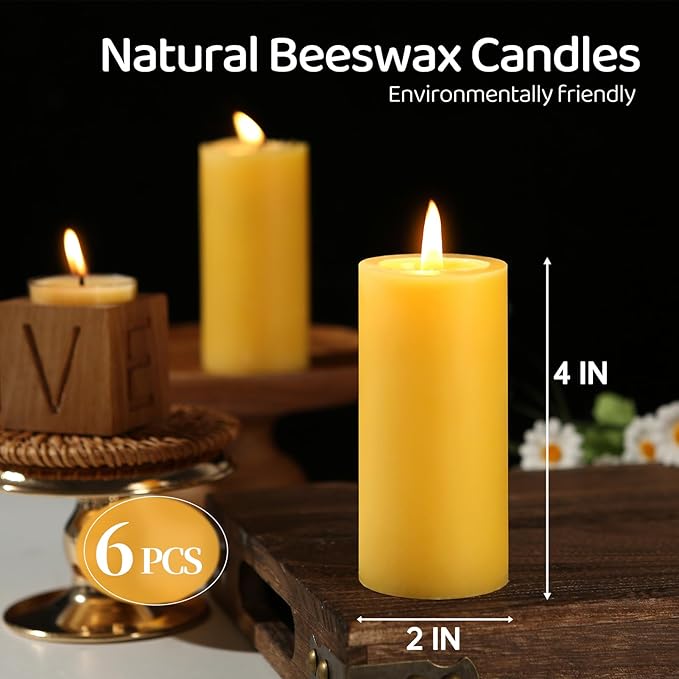 6 Pack Natural Beeswax Pillar Candles,100% Pure Beeswax Candles-210 Hours Long Burning,Organic Bees Wax Candles for Home,Paryer,Parties,Unscented Dripless Smokeless Beeswax Candle Bulk 2x4in