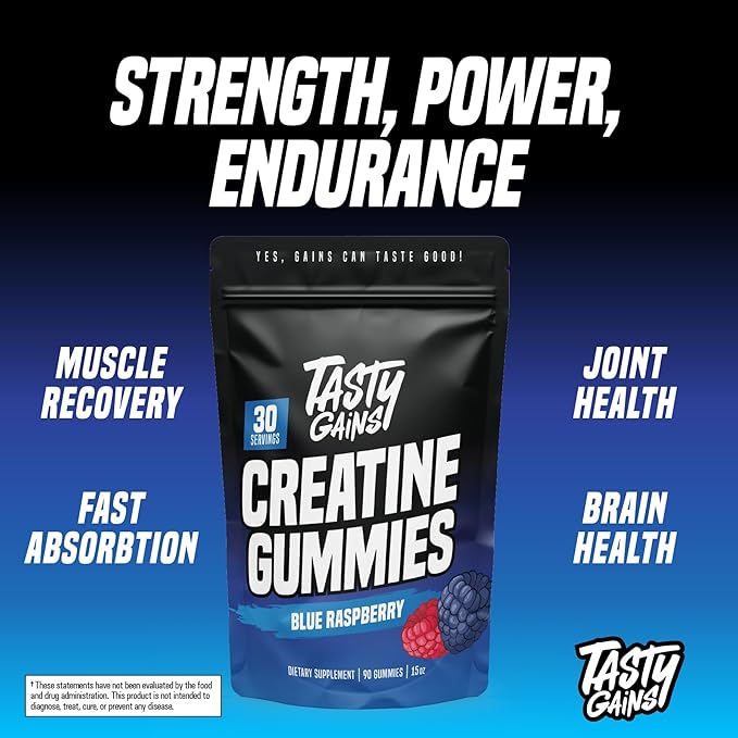 TASTY GAINS Creatine Gummies - 90g of Creatine Monohydrate - Workout Supplements - Build Muscle & Boost Strength for Men & Women - Made in USA - Non GMO - Vegan Friendly (Large, Blue Raspberry)