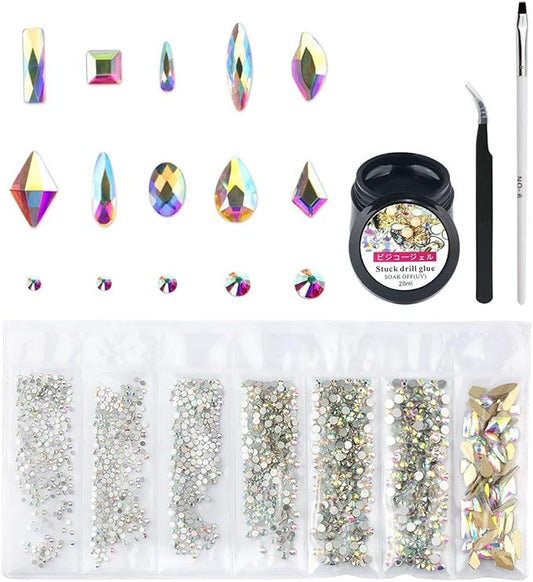 Nibiru Crystal AB Round & Multi-Shape Glass Nail Rhinestone Set(1728+60pcs), Flatback Gems Stones For Nails Decorations (1728+60 pcs Rhinestones with Glue)