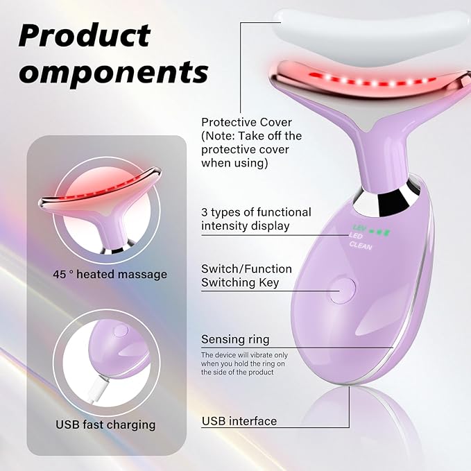 Neck&Face Massager with 7 Colors-Multi-Functional Skincare Tool,Home Beauty Device for Wrinkles&Relaxation (Purple)