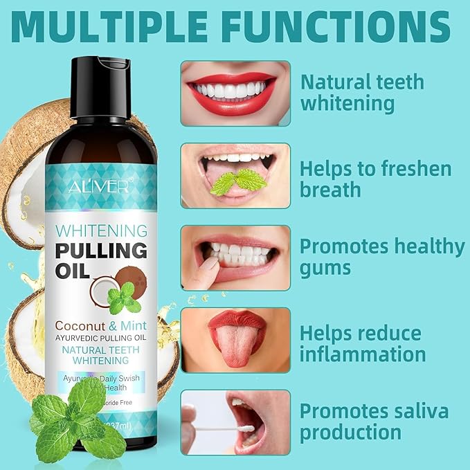 Coconut Oil Pulling for Fresh Breath and Oral Hygiene - Ayurvedic Expert Formulated | Supports Healthy Gums | Natural - Includes Tongue Scraper and Measuring Cup - 8 oz - 2 Packs
