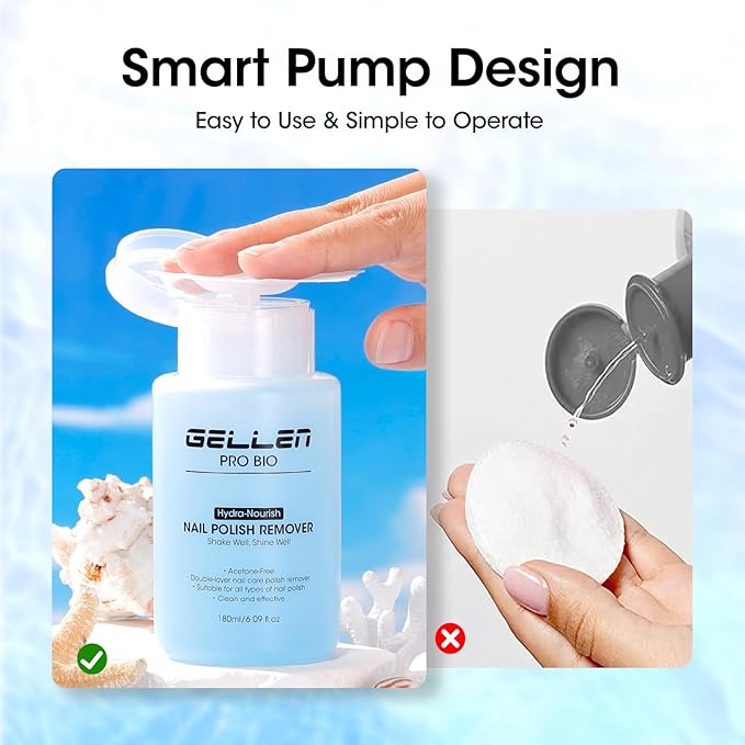 Gellen Non Acetone Nail Polish Remover, Non Toxic Fingernail Polish Remover for Quick Dry Nail Polish, Ocean Scent Dual-phase Nourishing Gentle Nail Polish Remover with Easy Push-down Pump, 6.09 Fl Oz