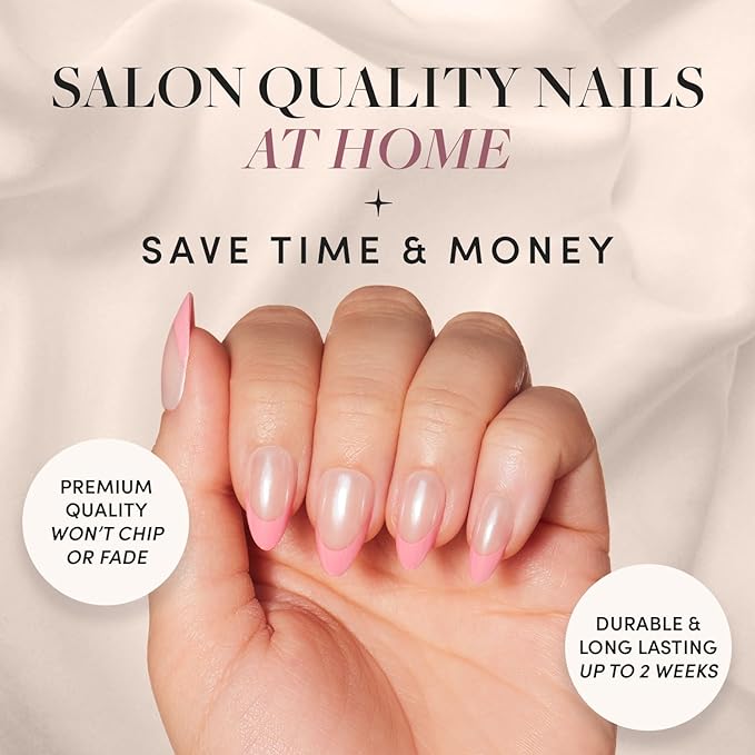 Glamnetic Press On Nails - Bubble Gum Glaze | Short Almond Pink French Tip Nails with a Glaze Finish | 15 Sizes - 30 Nail Kit with Glue