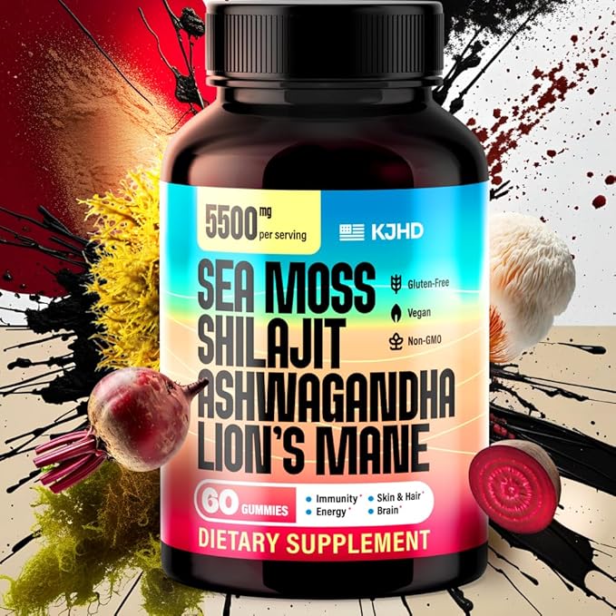 KJHD Shilajit Ashwagandha Gummies with Sea Moss, Beet Root, Lion’s Mane Mushroom & Black Seed Oil – Organic Herbal Superfood Supplement – 60 Vegan Gummies