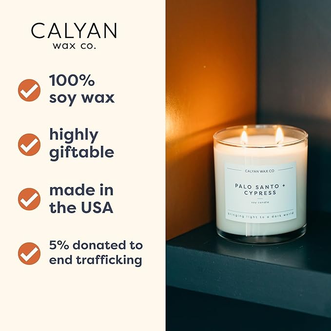 Calyan Wax Co. Palo Santo & Cypress 2 Wick Scented Candle - 37 Hour Burn - Luxury Non Toxic Soy Wax Candles - Long Lasting Large Glass Jar Candle for Home - 8.8oz