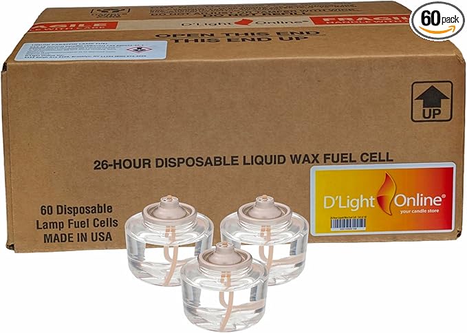 D'light Online HD26 Disposable 26 Hours Liquid Candles, Clear Plastic Disposable Fuel Cells for Wedding Table Top Lights, Restaurant Tables and Emergency Candles- (26 Hours, Set of 60)