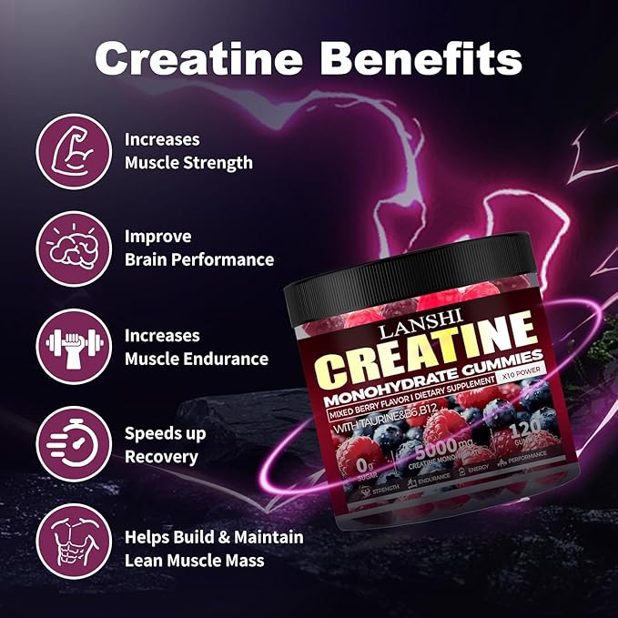 Creatine Monohydrate Gummies 5000mg - Sugar Free Pre Workout Supplement for Men & Women, Creatine Gummies for Muscle, Strength, Recovery, Cognitive Health & Memory, Mixed Berry Flavor, 120 Count