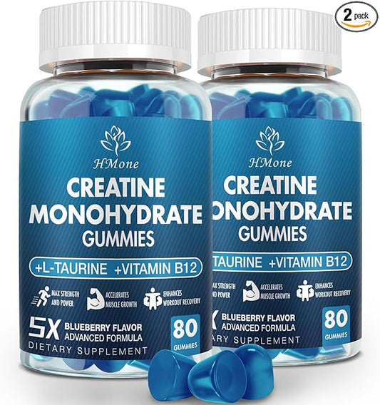 Creatine Monohydrate Gummies - 5g for Men & Women, 160 Count and Creatine Chewable Supplements for Muscle Gain, Muscle Strength, Energy Boost, and Muscle Builder, Sugar Free, Vegan (Blueberry)