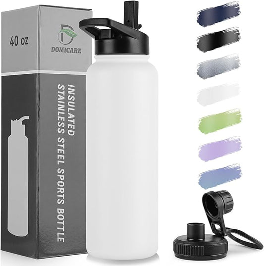 DOMICARE 40 oz Insulated Water Bottle, Vacuum Insulated Stainless Steel Sports Water Bottle with Straw Lid & Spout Lid, Leakproof, Reusable - Travel, Camping, Bike, White