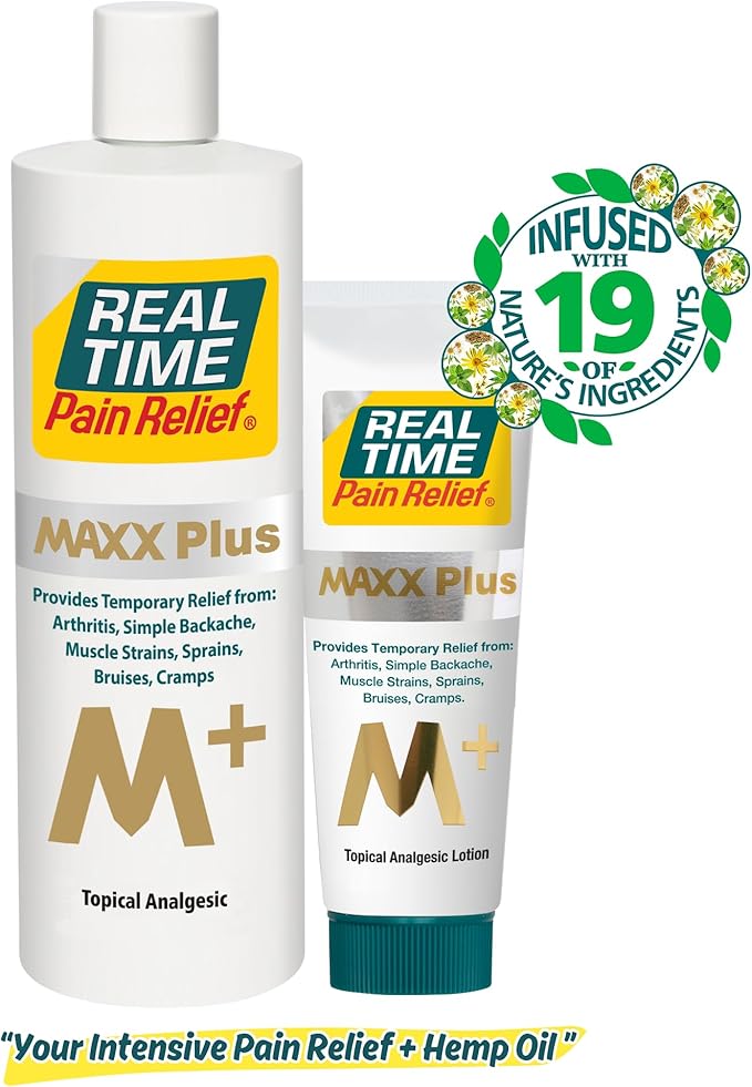 Real Time Pain Relief MAXX Plus - 16oz Bottle | Intensive Formula with 19 Natural Ingredients Including Hemp Oil | Fast-Acting Relief for Muscle Pain, Arthritis, Backaches, and More
