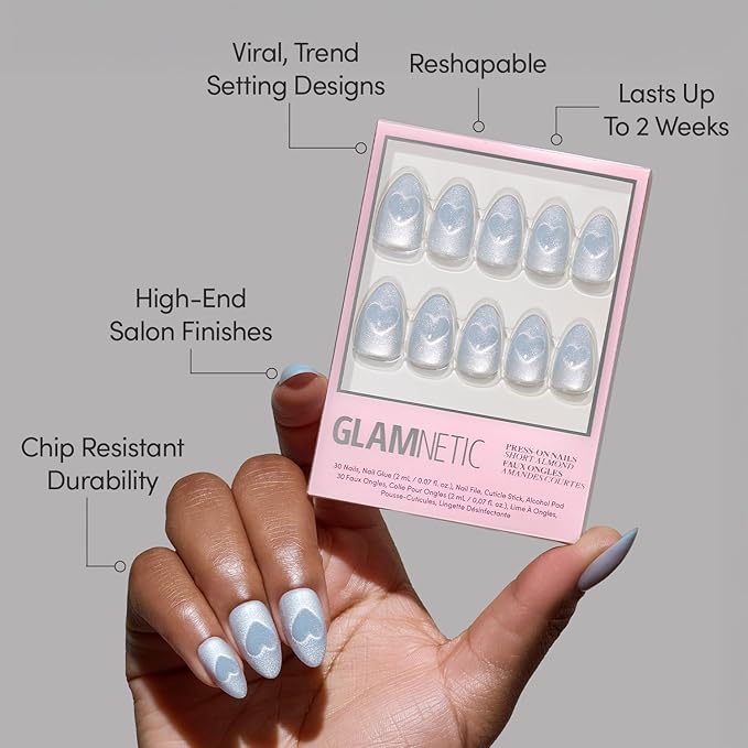 Glamnetic Press On Nails - Cold Hearted | Short Almond Fake Nails with Heart Accent and Pale Blue Velvet Finish, Salon Quality Holiday Winter Nails | 15 Sizes - 30 Nail Kit with Glue
