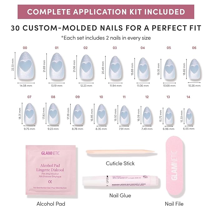 Glamnetic Press On Nails - Cold Hearted | Short Almond Fake Nails with Heart Accent and Pale Blue Velvet Finish, Salon Quality Holiday Winter Nails | 15 Sizes - 30 Nail Kit with Glue