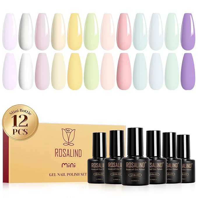 ROSALIND Macaron Gel Nail Polish Set, 12 Colors White Yellow Green Gel Polish Light Pink Candy Colors Gels Polish Set Soak Off Pastel Spring Summer Gel Polish Kit for Nail Art Gift