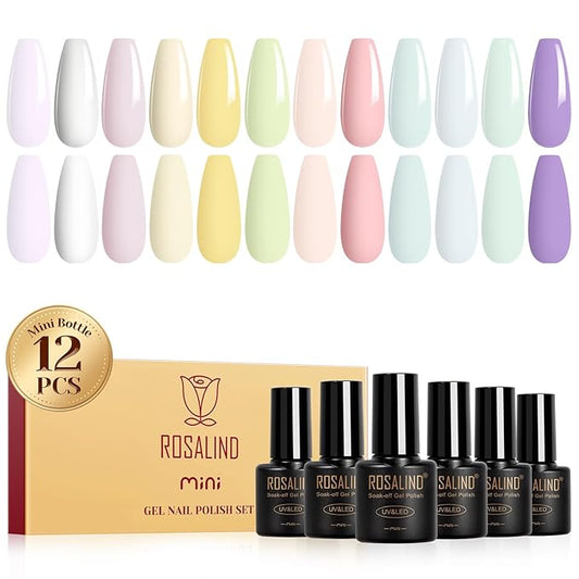 ROSALIND Macaron Gel Nail Polish Set, 12 Colors White Yellow Green Gel Polish Light Pink Candy Colors Gels Polish Set Soak Off Pastel Spring Summer Gel Polish Kit for Nail Art Gift