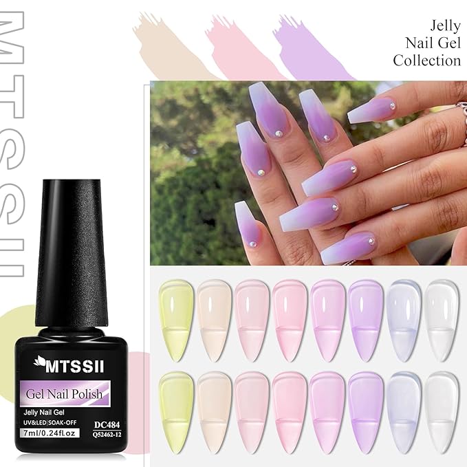 MTSSII Purple Grape Jelly Gel Nail Polish Set, 8 Transparent Colors Sheer Pastel Pink Violet Lavender Yellow Nail Polish Soak Off U v LED Gel Nail Kit Diy Nail Art Manicure at Home Gift for Women
