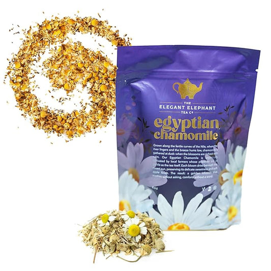 Egyptian Chamomile Tea, Organic Loose Leaf Herbal Tea – Cozy, Calming – Supports Stress Relief, Relaxation & Sleep – 4 oz Resealable Bag (Makes 50 Cups) – The Elegant Elephant