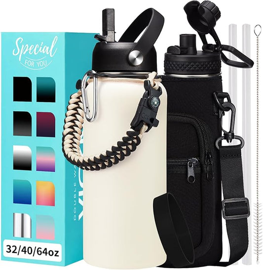 32 oz Insulated Water Bottle with Straw - Chug Lid, (Cold 48h, Hot 24h) Stainless Steel Flask with Paracord Handle, Storage Pouch with Strap, Metal Thermo for School Travel Sports Gym Women
