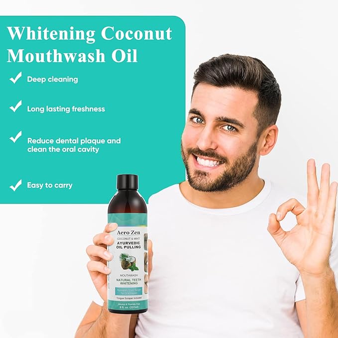 Coconut Oil Pulling Mouthwash with Peppermint - Alcohol-Free Oral Care - Fresh Breath Solution - Organic Essential Oils Formula with Tongue Scraper - Gum Health Treatment - 237ML