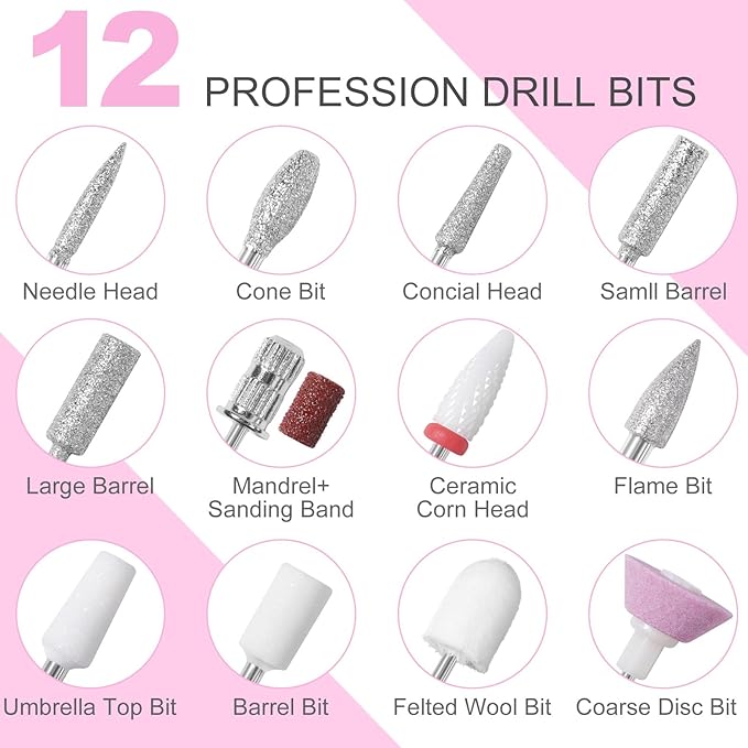 MEKK Nail Drill Kit,35000RPM Electric Nail Drill Professional Electric Nail File with 12PCS Bits,Anti-Shaking Cordless E Filer for Nails,Home & Salon(Orange-Pink)