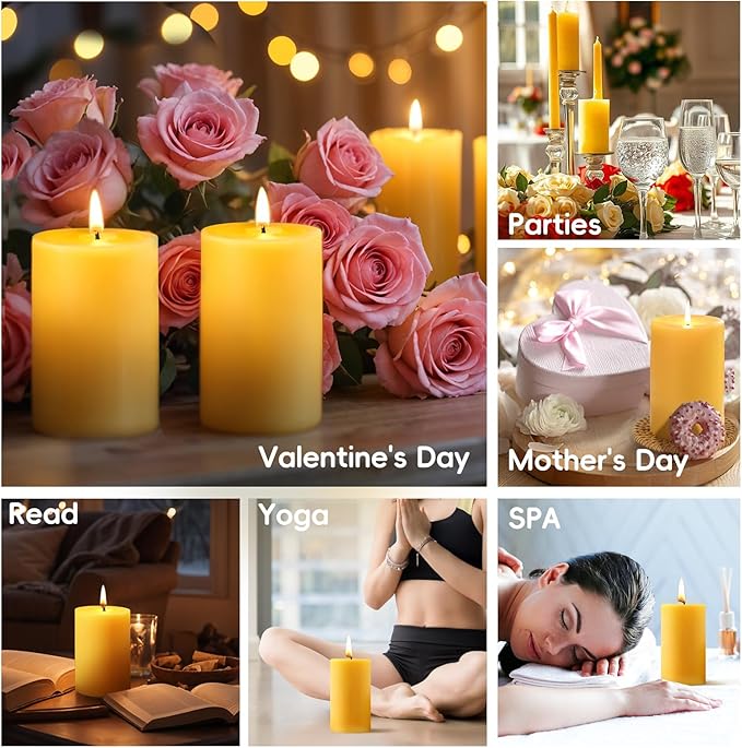 6 Pack Natural Beeswax Pillar Candles,100% Pure Beeswax Candles-192 Hours Long Burning,Unscented Bees Wax Candles for Home,Prayer,Emergency,Dripless Smokeless Organic Pillar Candles Bluk-2x3in