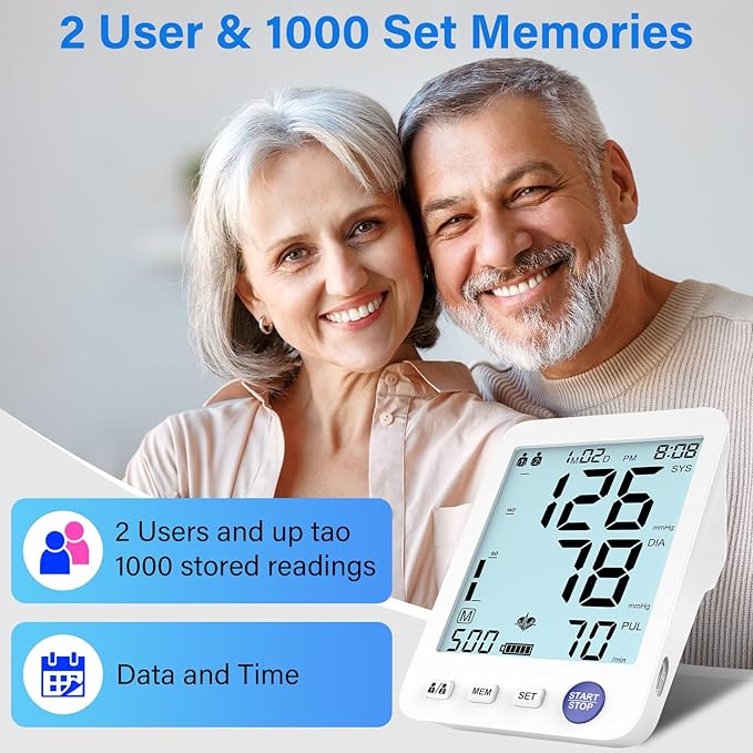 ADKING Upper Arm Blood Pressure Monitor Home Use LCD Backlit Screen,Large Cuff,2 User Mode 500 Memories,Two Power Options,4xAAA Batteries (Light Blue)