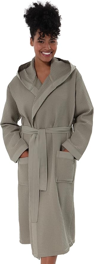 SEYANTE Women’s Luxury Waffle Shawl Collar, Hooded Robe w Piping – Lightweight, Long, Ultra Soft Spa Sleepwear Bathrobe