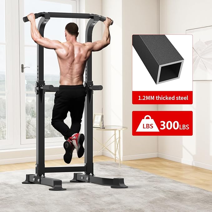 ZENOVA Pull Up Bar Dip Bar Power Tower Workout Dip Station Height Adjustable Free Standing Chin Up Bar Home Gym Equipment 300LBS Weight Capacity (Black)