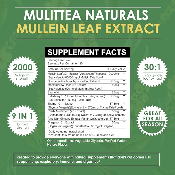 2 Pack Mullein Drops for Lungs - Lung Cleanse & Detox- Vegan Mullein Leaf Extract for Lung Immune,Respiratory Digestive -9 Potent Herbal Supplement to Renew -As Liquid, Tincture- 2Fl Oz (Pack of 2)