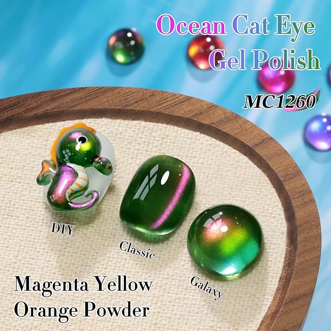 Double Rhythm 0.5 OZ Cat Eye Gel Polish with Magnet 15ML Holographic Glitter Shimmer Translucent Jelly Color Magnetic Nail Polish Salon DIY at Home (Green Pink-MC1260)