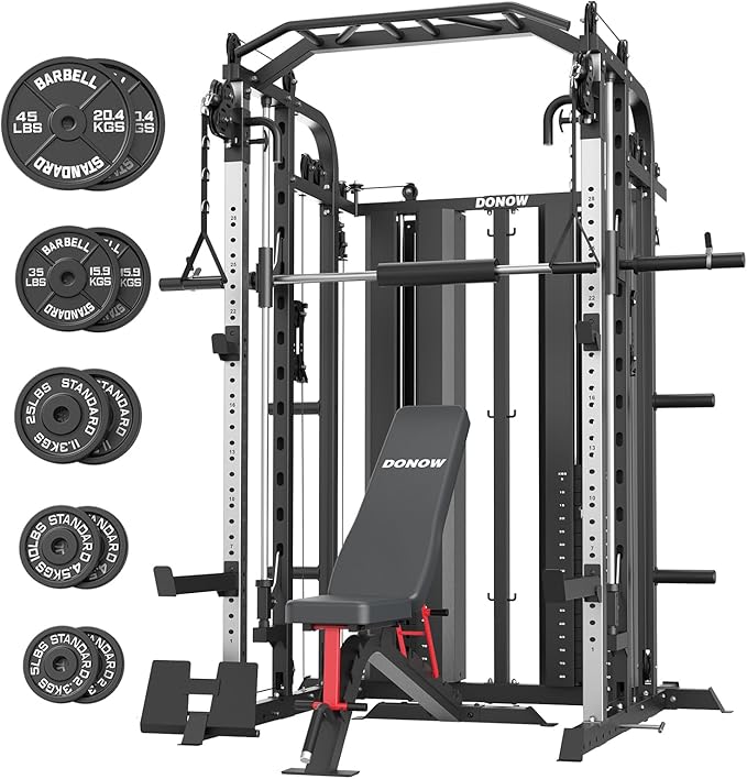 DONOW Smith Machine with Weight Stacks Home Gym Sytem Power Cage Squat Rack Dual Cable Crossover Machine All in One