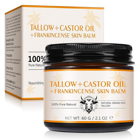 Tallow, Castor Oil and Frankincense Oil Skin Balm, 100% Grass-Fed Tallow for Face & Body Moisturizer, Deep Moisturizing Cream, Moisturizer for Dry, Cracked Skin, All Skin Types
