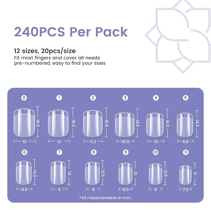 Extra Short Nail Tips Square: 240PCS Pre-shaped Gel Nails Tips Short Square Nail Tips, 12 Sizes Clear Full Cover False Fake Press on Nails for Nail Extensions DIY Home Salon for Women